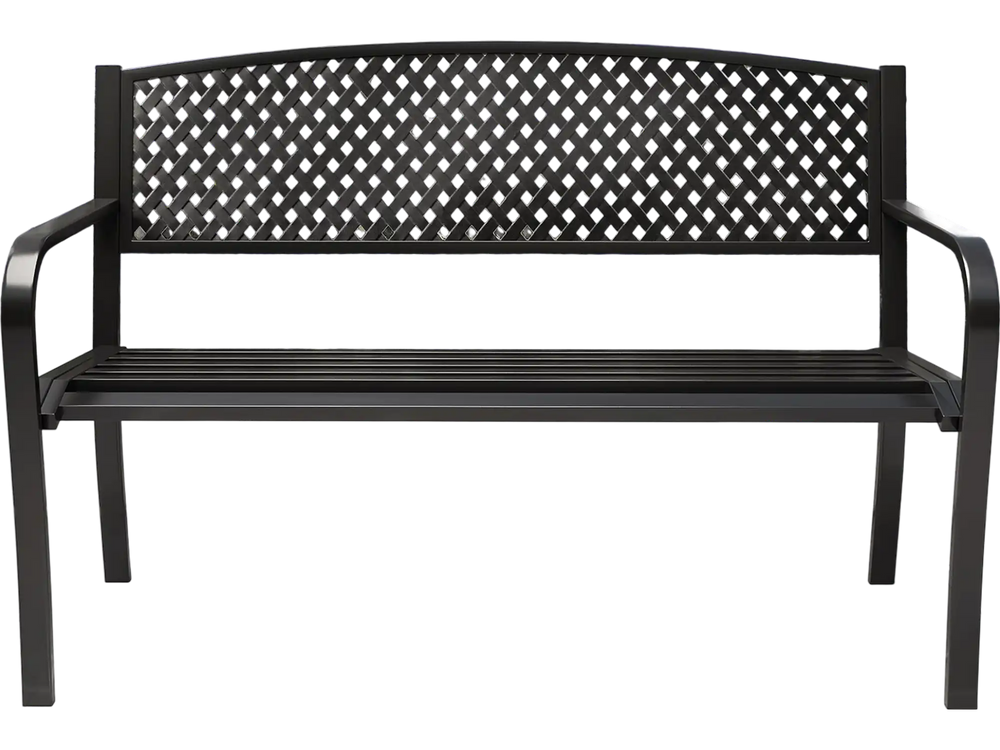 Black metal outdoor bench with high back, ergonomic seat for 2-3 people, ideal for garden or patio use.