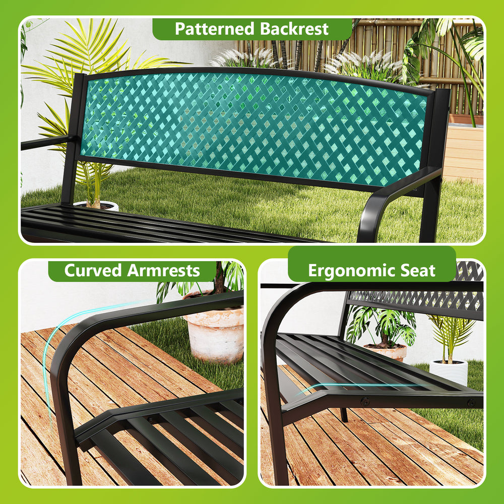 Curved armrests and patterned backrest of the black metal outdoor bench, designed for 2-3 people, perfect for patios.
