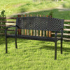 Black metal outdoor bench with high back, ergonomic seat, and curved armrests for 2-3 people in a garden setting.