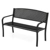 Black metal outdoor bench with high back, ergonomic seat, and curved armrests, perfect for 2-3 people in patios or.