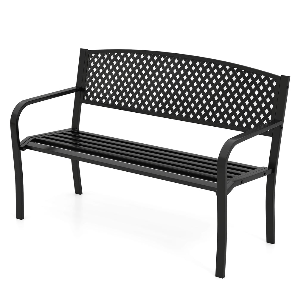 Black metal outdoor bench with high back, ergonomic seat, and curved armrests, perfect for 2-3 people in patios or.