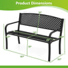 Metal outdoor bench dimensions showing a black high back design, suitable for 2-3 people, ideal for patios and gardens.