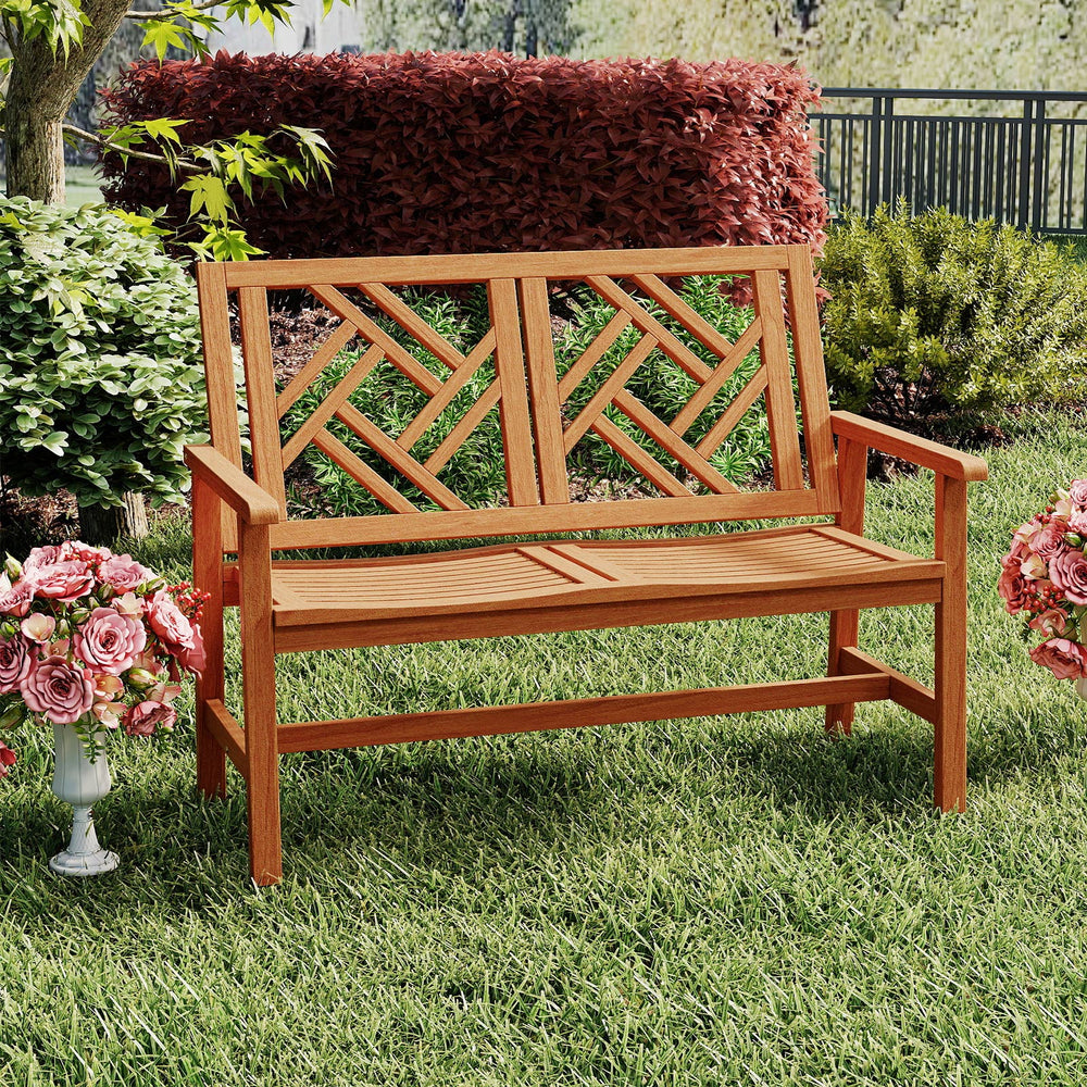 Wooden outdoor bench for two with geometric backrest, durable hardwood, ideal for patio or backyard relaxation.