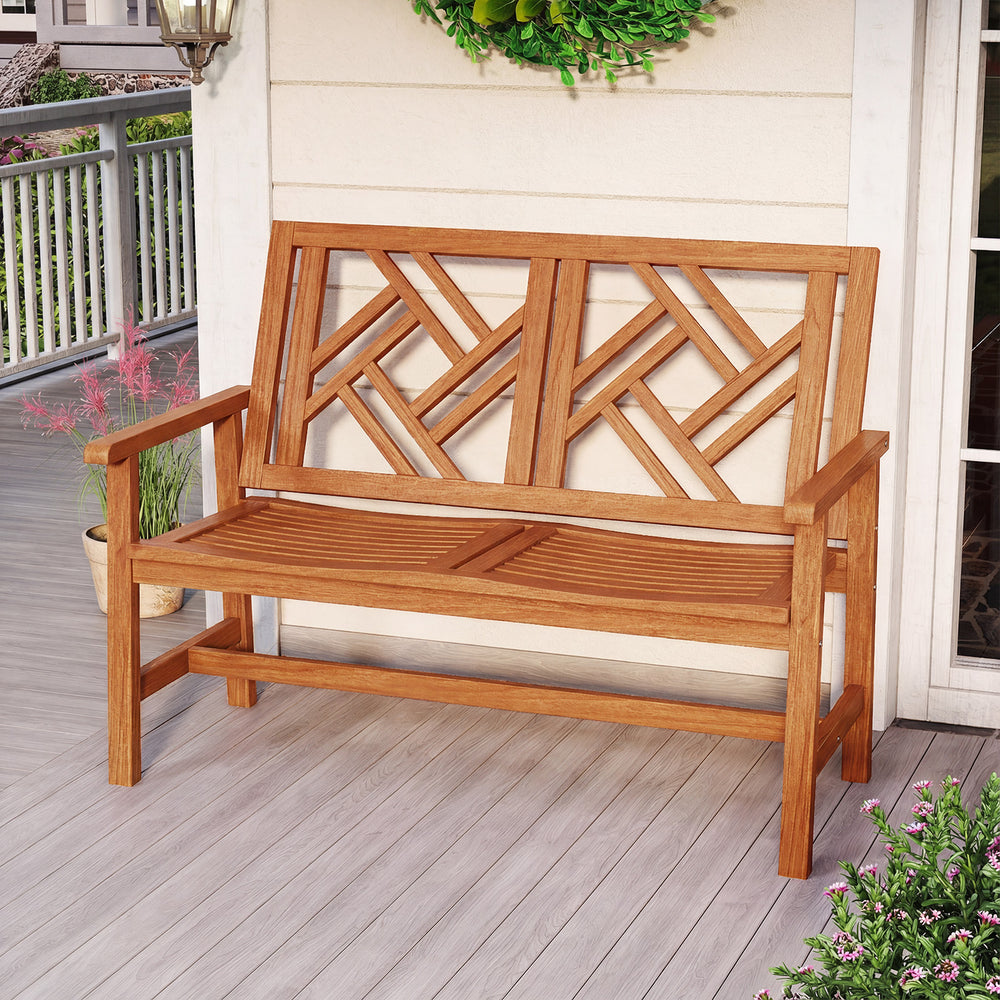 Geometric backrest outdoor bench made of premium hardwood, comfortably seating 2 people for patio or backyard use.
