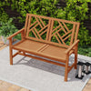 Geometric backrest outdoor bench made of premium hardwood, comfortably seats 2 for patio or backyard relaxation.