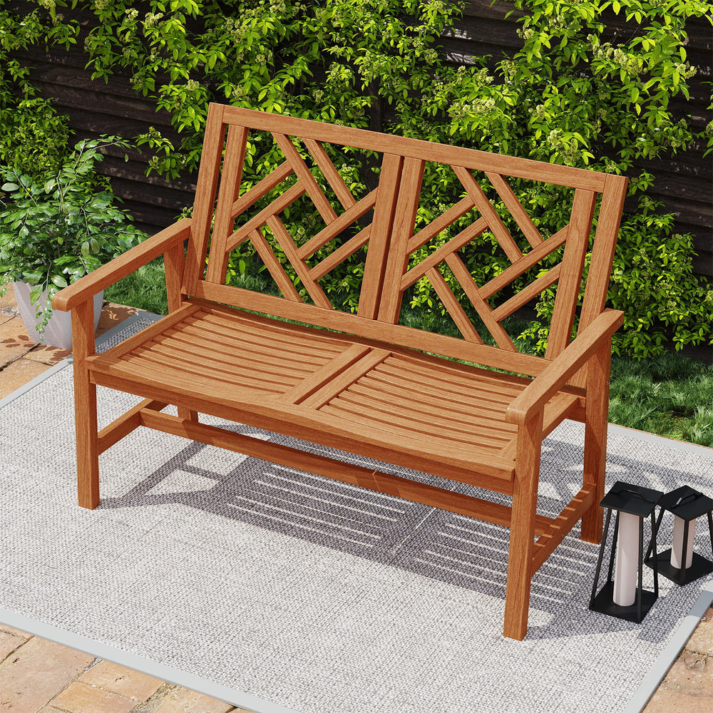 Geometric backrest outdoor bench made of premium hardwood, comfortably seats 2 for patio or backyard relaxation.