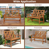 Outdoor bench for two with geometric backrest, made of hardwood, ideal for patio, garden, or poolside relaxation.