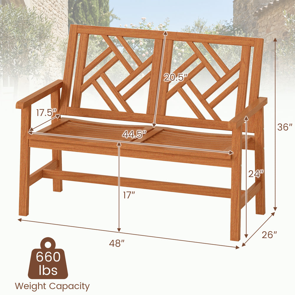 Outdoor wood bench for 2 with geometric backrest, 660 lbs capacity, ideal for patio or backyard seating.