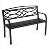 Black garden bench with curved armrests, sturdy metal frame, and 42-inch seating for outdoor comfort.