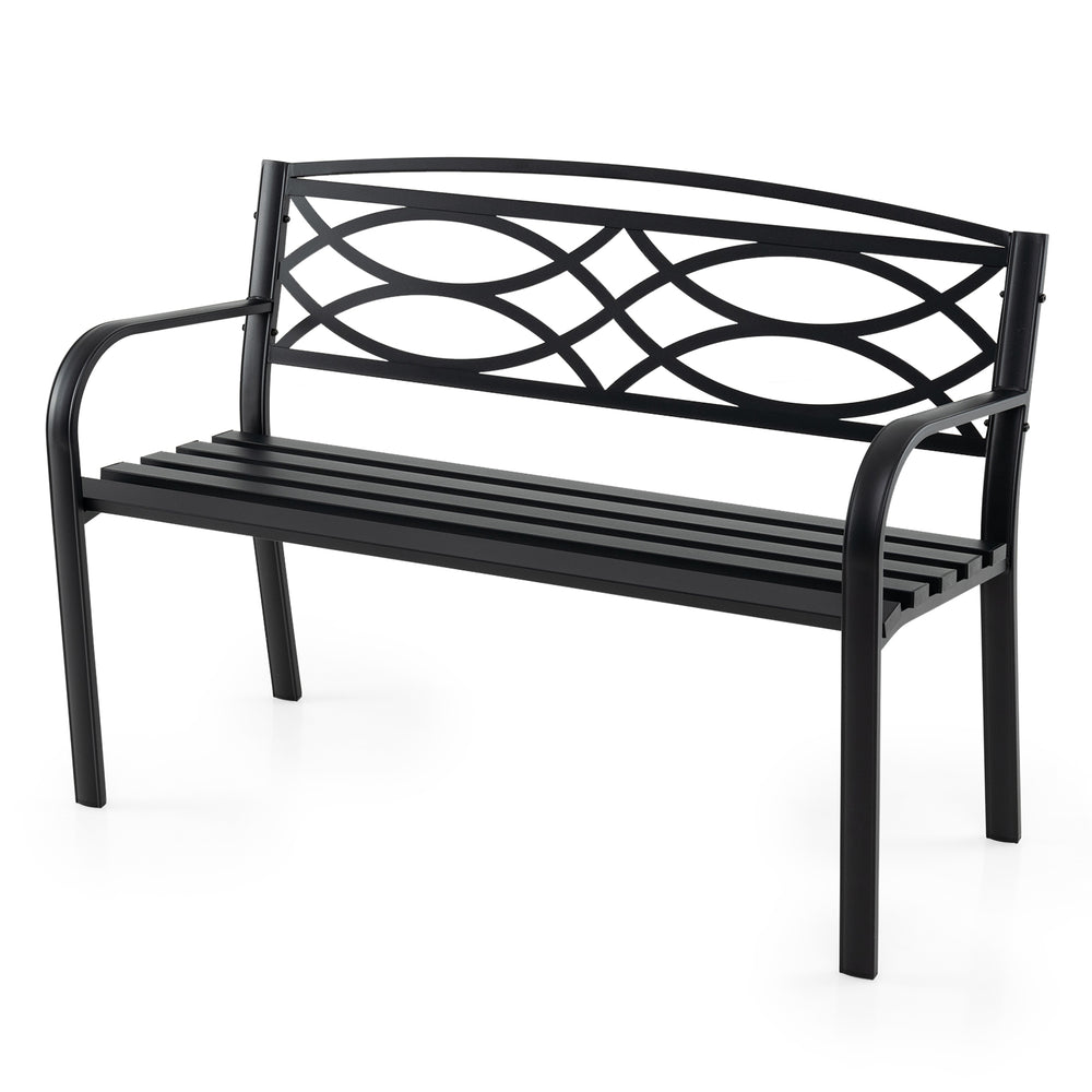 Black garden bench featuring a sleek, minimalist design and sturdy metal frame, perfect for outdoor relaxation.