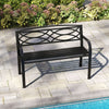 Black garden bench with curved armrests, 42-inch seating, ideal for patios or poolside relaxation.