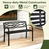 Black garden bench with curved armrests, sturdy metal frame, and spacious 42-inch seating for outdoor comfort.