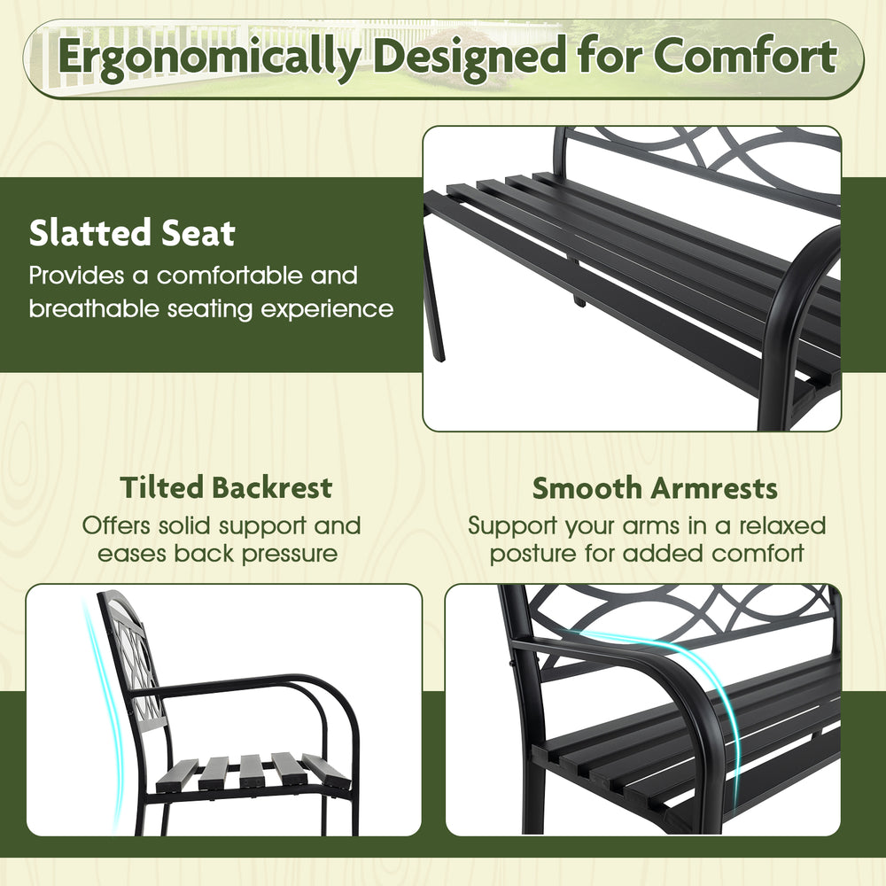 Curved armrests and slatted seat of the black garden bench provide ergonomic comfort for patios and gardens.