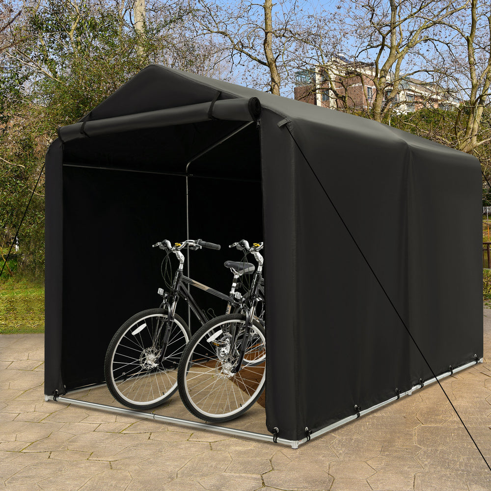Outdoor bike tent with waterproof cover, 7 x 5.2FT, featuring a roll-up door and sturdy metal frame for secure storage.