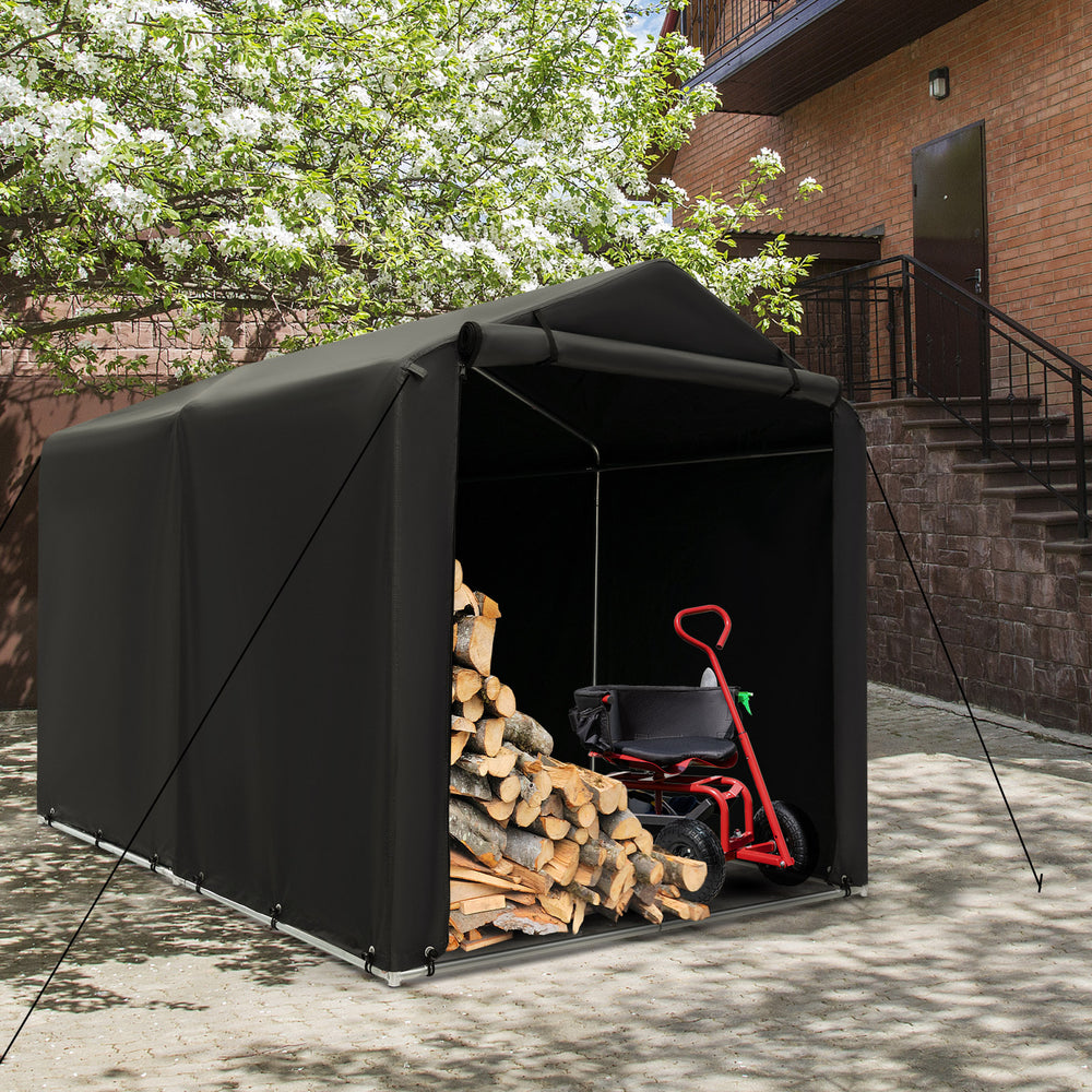 Large 7 x 5.2FT outdoor storage shelter with waterproof cover, showcasing firewood and a bike inside for versatile use.