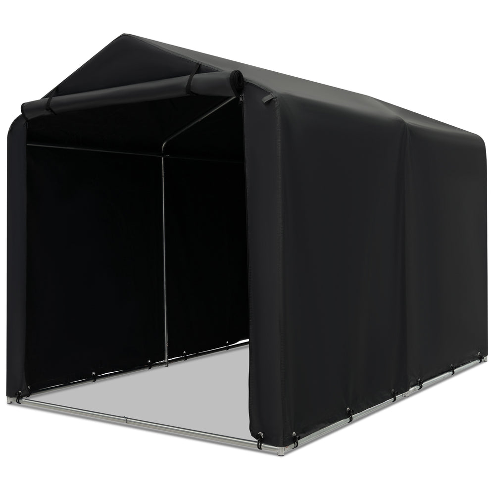 Storage shelter tent with waterproof cover, 7 x 5.2FT size, features zipper door and sturdy metal frame for outdoor use.