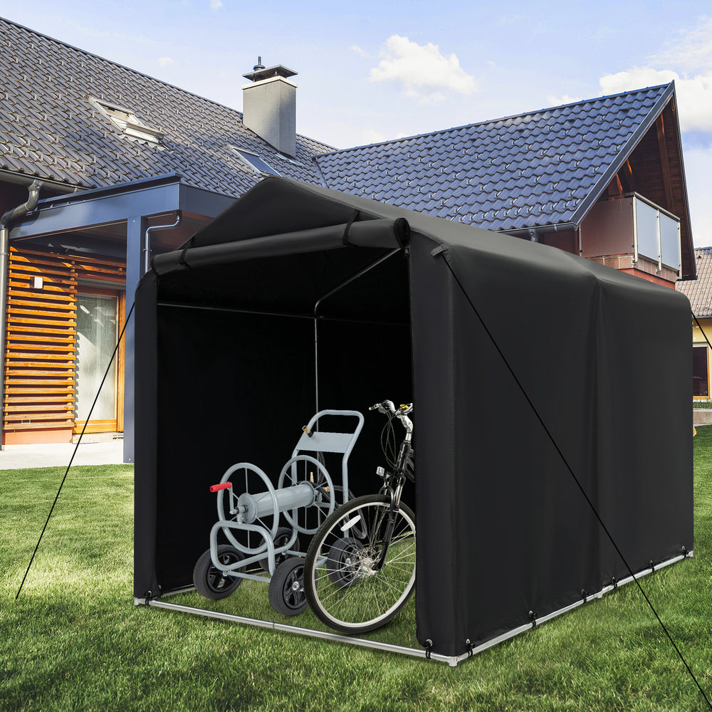 Storage shelter bike tent with waterproof cover, 7 x 5.2FT size, featuring a zipper door and sturdy metal frame.