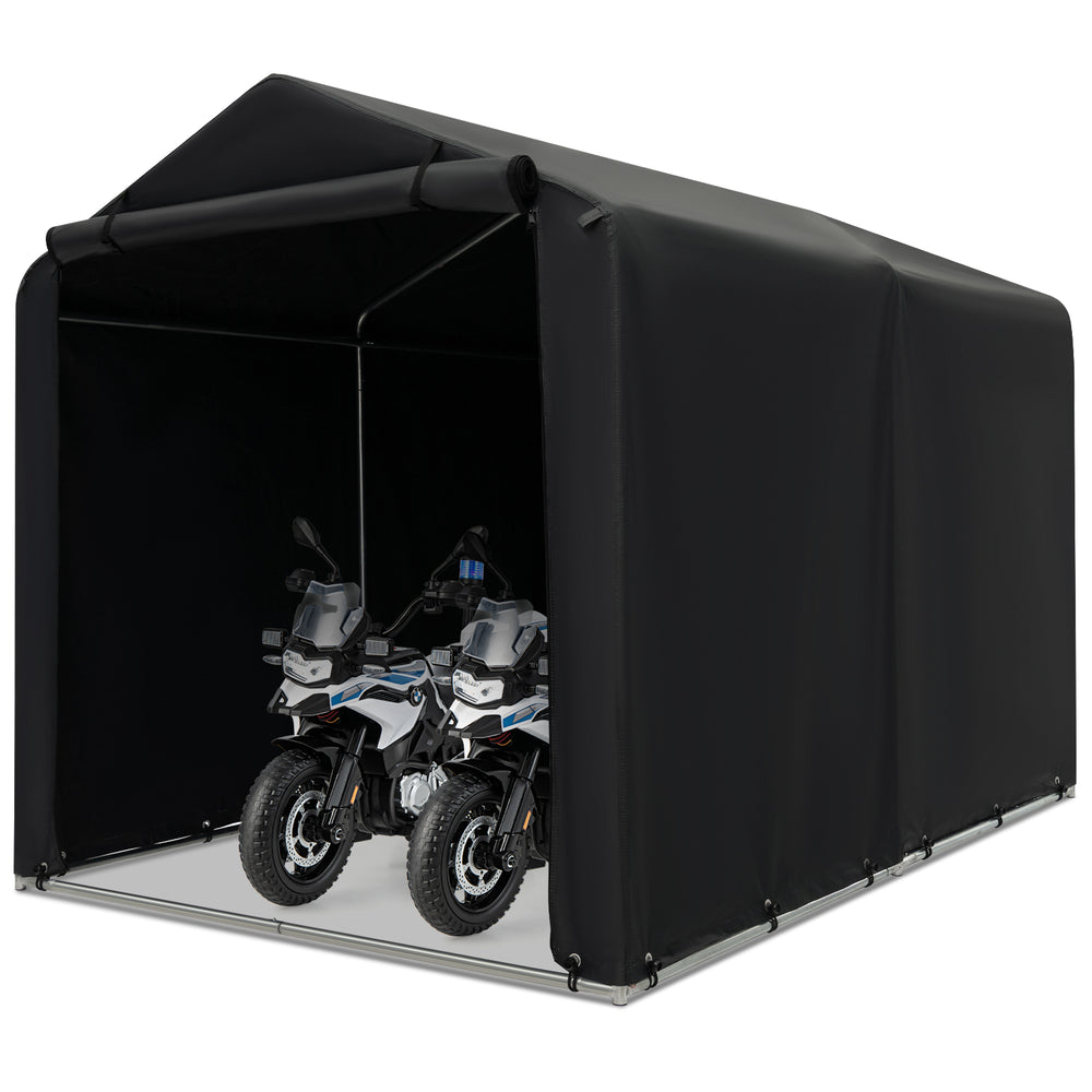 Large outdoor bike tent with waterproof cover, zipper door, and sturdy metal frame for secure storage of bicycles.