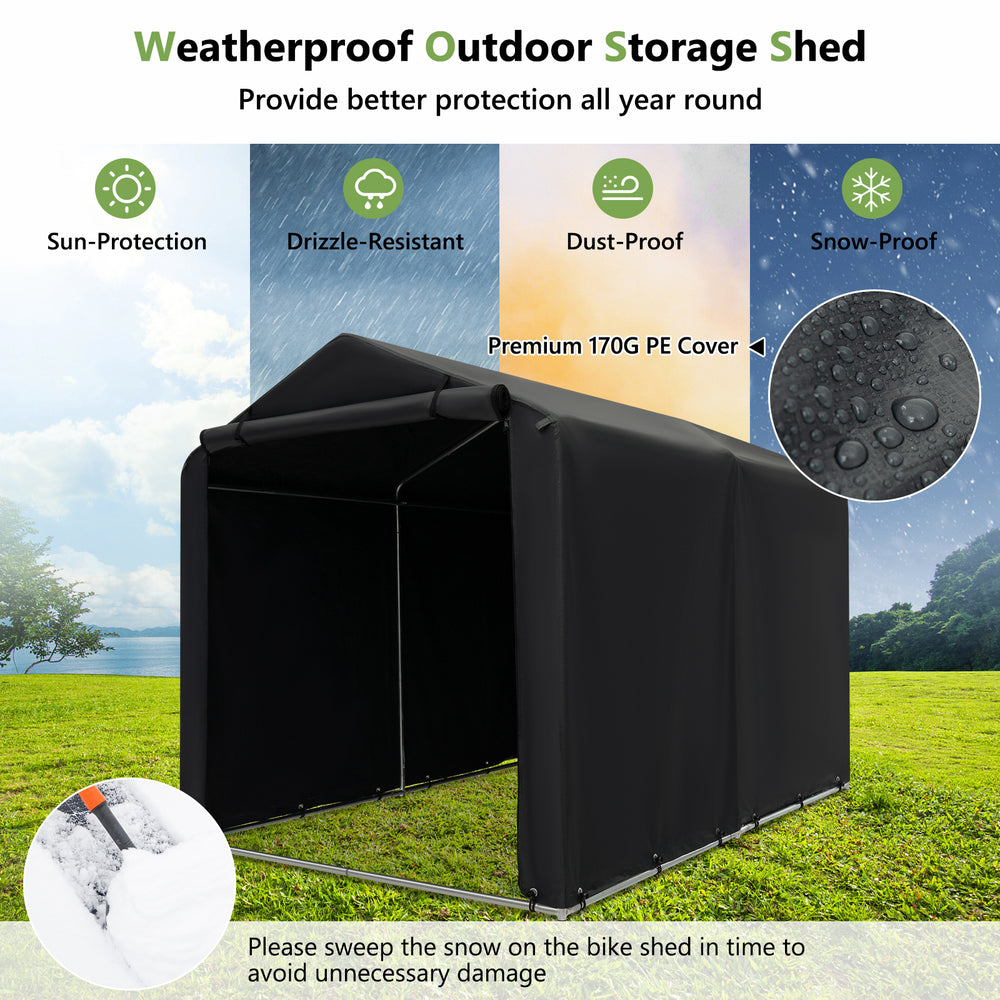 Weatherproof outdoor storage shed with 170g PE cover, zipper door, and sturdy metal tubes for bicycle protection.