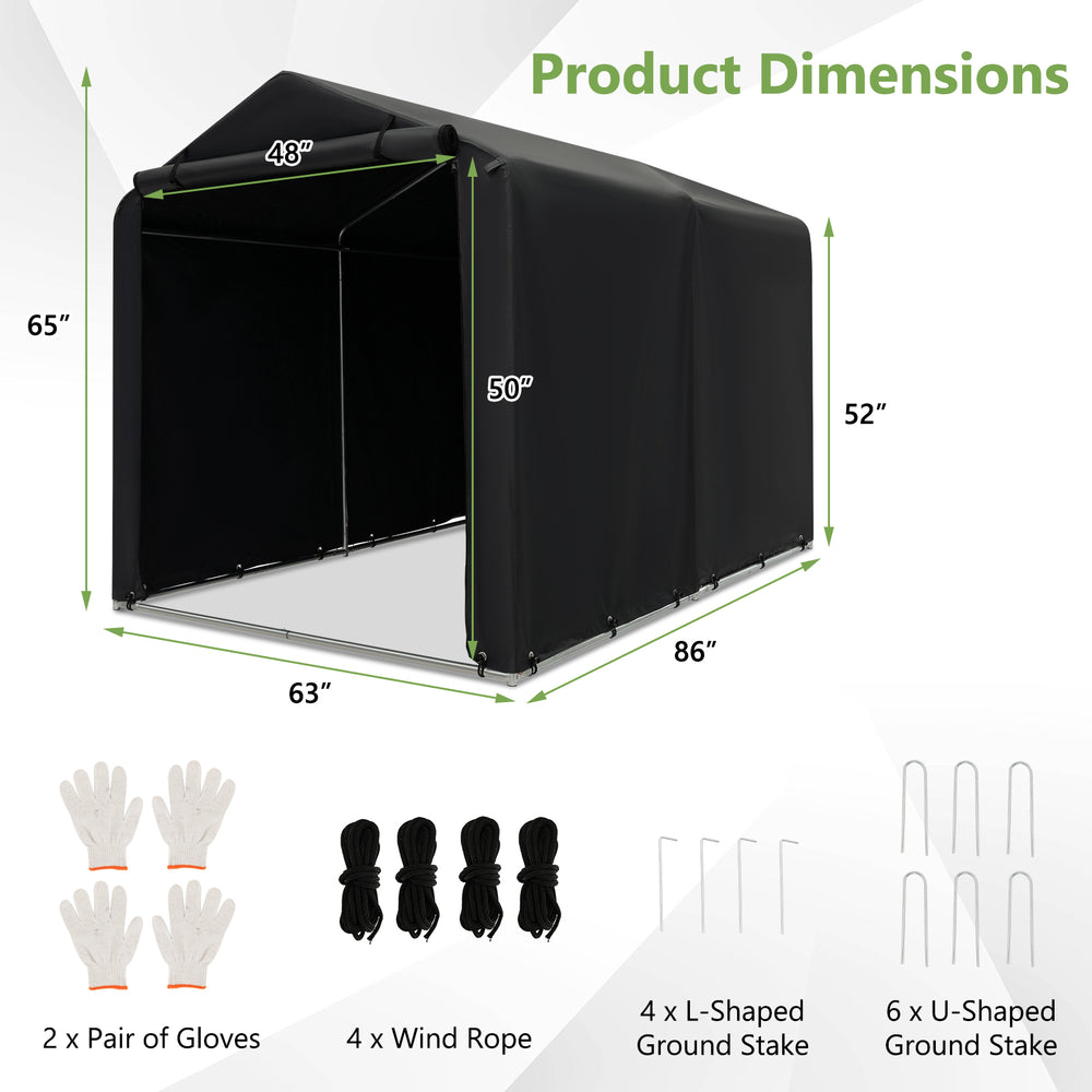 Storage shelter dimensions for the 7 x 5.2FT bike tent with waterproof cover and zipper door, includes assembly.