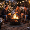Outdoor black fire pit with adjustable grill grate, perfect for BBQs and bonfires in a cozy winter setting.