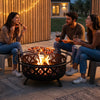 Outdoor black fire pit with adjustable grill grate, perfect for BBQs and gatherings, featuring a breathable mesh design.