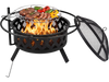 30-inch outdoor black fire pit with adjustable grill grate, spark screen, and ash collection tray for BBQs and bonfires.