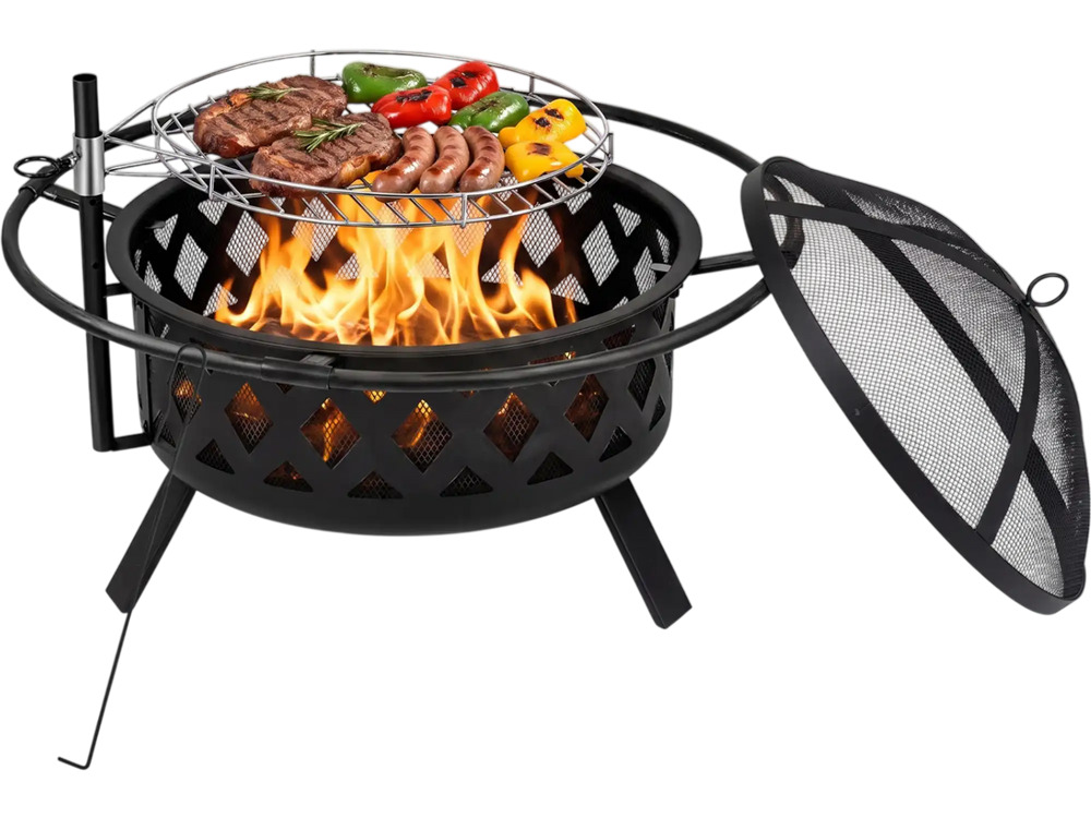 30-inch outdoor black fire pit with adjustable grill grate, spark screen, and ash collection tray for BBQs and bonfires.