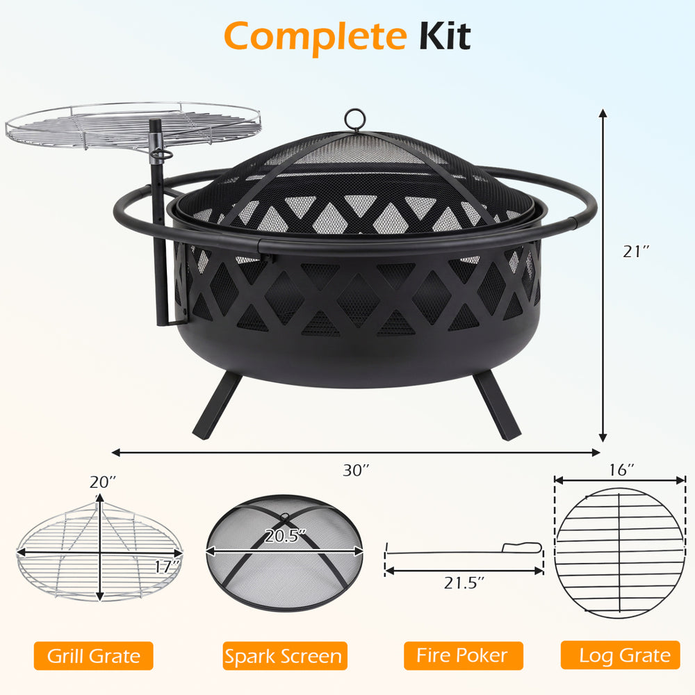 Outdoor black fire pit with adjustable grill grate, spark screen, and fire poker, perfect for BBQs and outdoor gatherings.