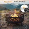 Outdoor black fire pit with adjustable and rotatable grill grate, perfect for BBQs and outdoor gatherings.