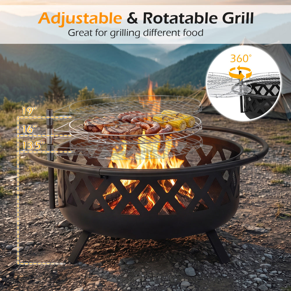 Outdoor black fire pit with adjustable and rotatable grill grate, perfect for BBQs and outdoor gatherings.