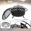 30-inch outdoor black fire pit with adjustable grill grate, spark screen, and outer ring design for safe BBQs and bonfires.