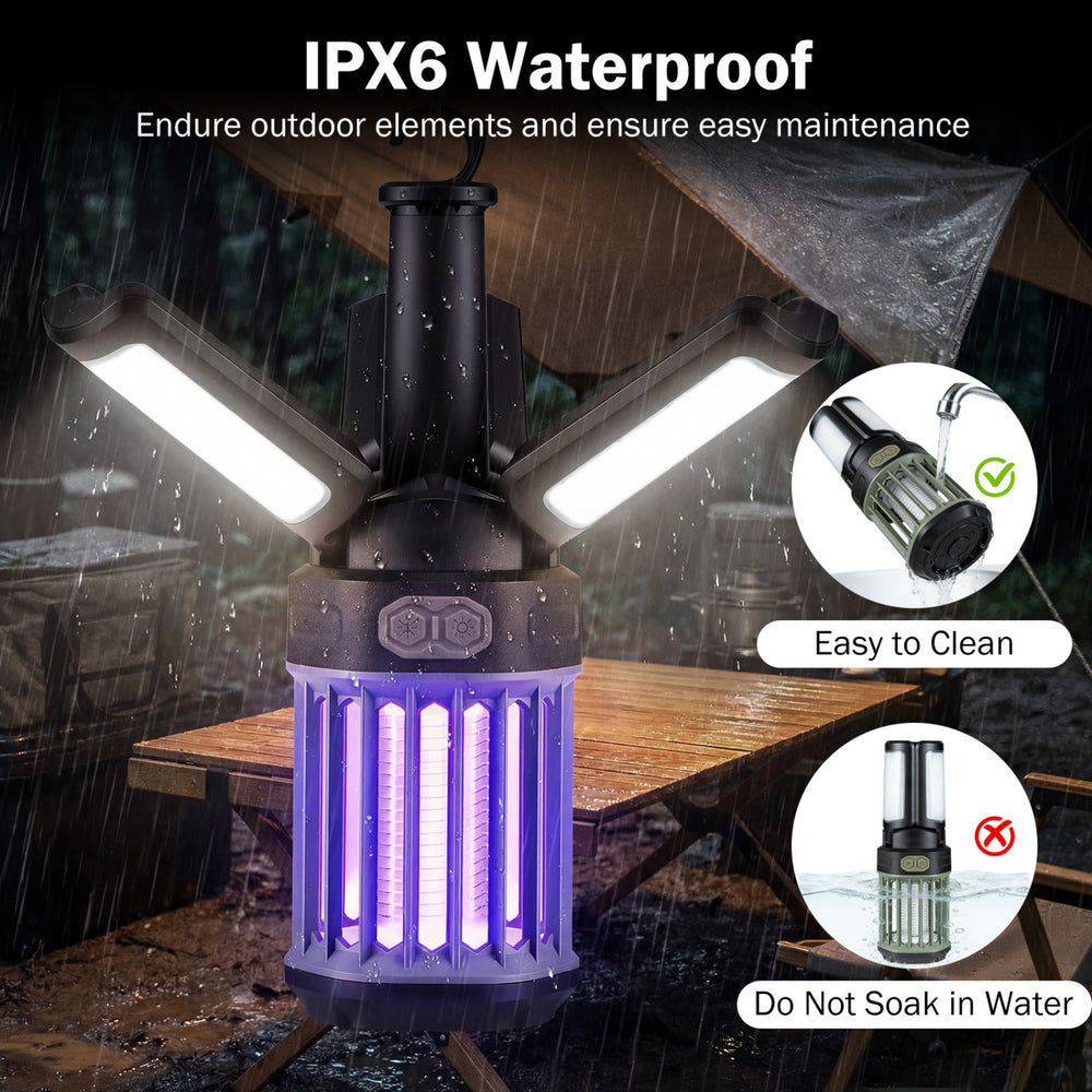 Outdoor bug zapper with foldable lantern design, IPX6 waterproof, USB-C rechargeable for camping and bug control.