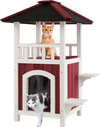 2-story wooden cat house in red and white with balcony, asphalt roof, and two jumping platforms for outdoor fun.