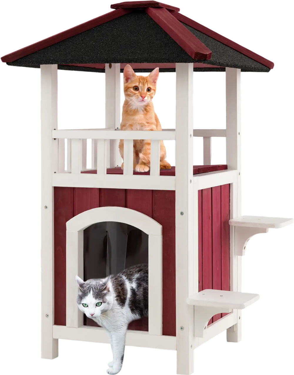 2-story wooden cat house in red and white with balcony, asphalt roof, and two jumping platforms for outdoor fun.