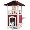 2-story wooden cat house in red and white with balcony, asphalt roof, and jumping platforms for indoor and outdoor use.