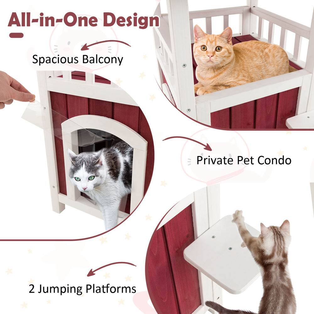 2-story wooden cat house with red and white finish, featuring a spacious balcony and private condo for pets.