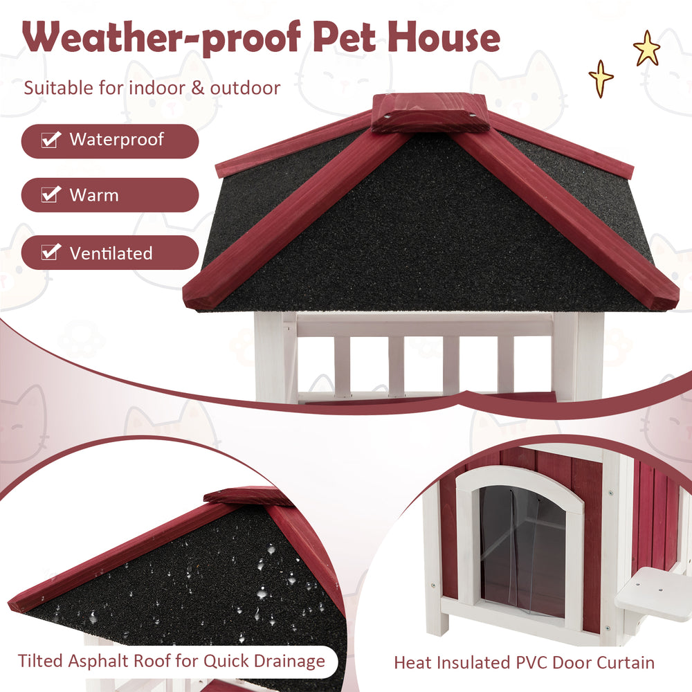 2-story wooden cat house with red and white finish, asphalt roof, balcony, and PVC door curtain for indoor and outdoor.