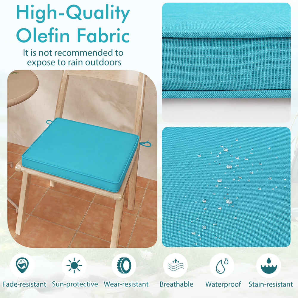 Turquoise outdoor chair cushion set of 4, made of waterproof olefin fabric, offers comfort and style for dining chairs.