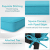 Turquoise outdoor chair cushion set of 4 features waterproof olefin fabric, square corners, and attached ties for secure fit.