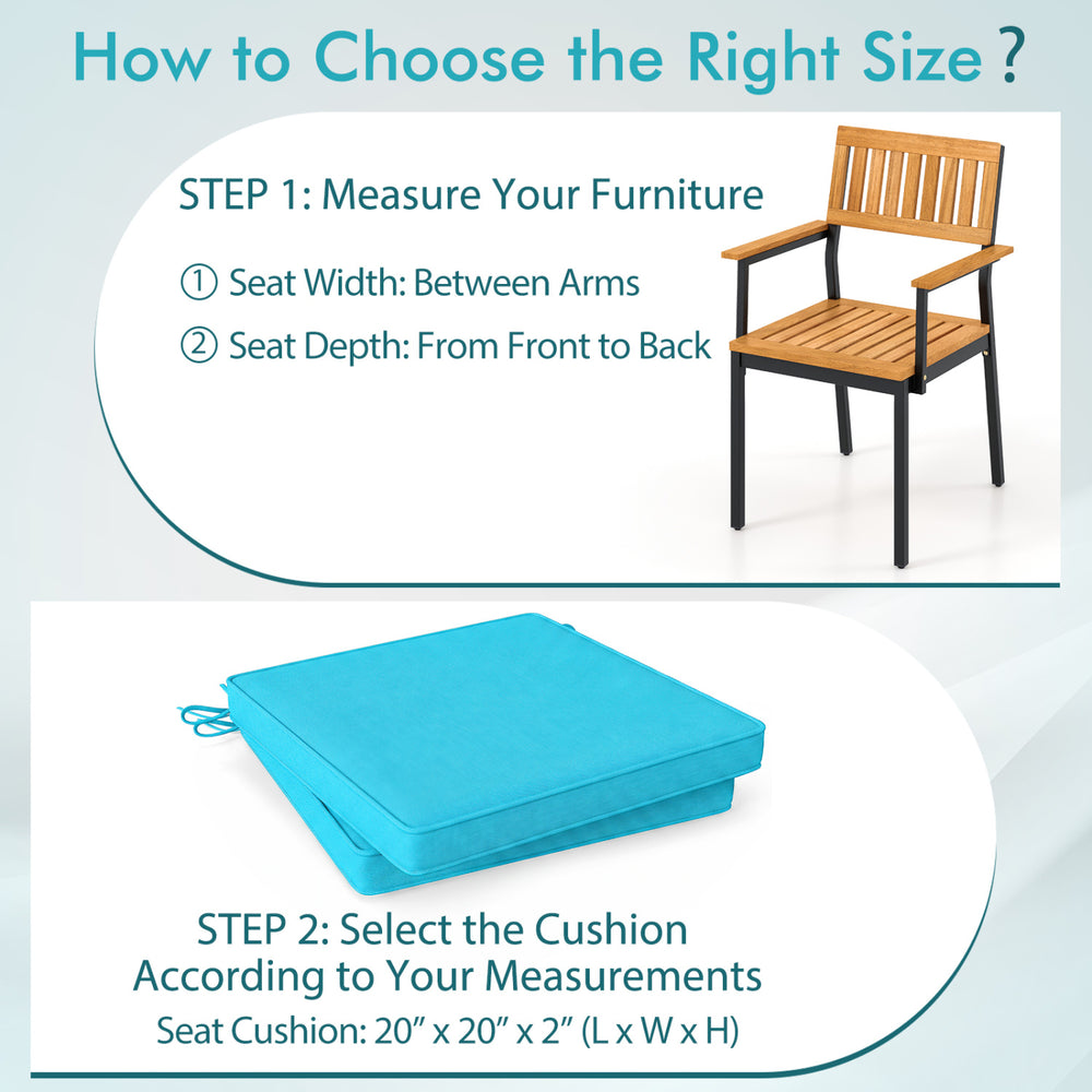Turquoise outdoor chair cushion set of 4, waterproof olefin fabric, 20" x 20" x 2", ideal for enhancing comfort and style.