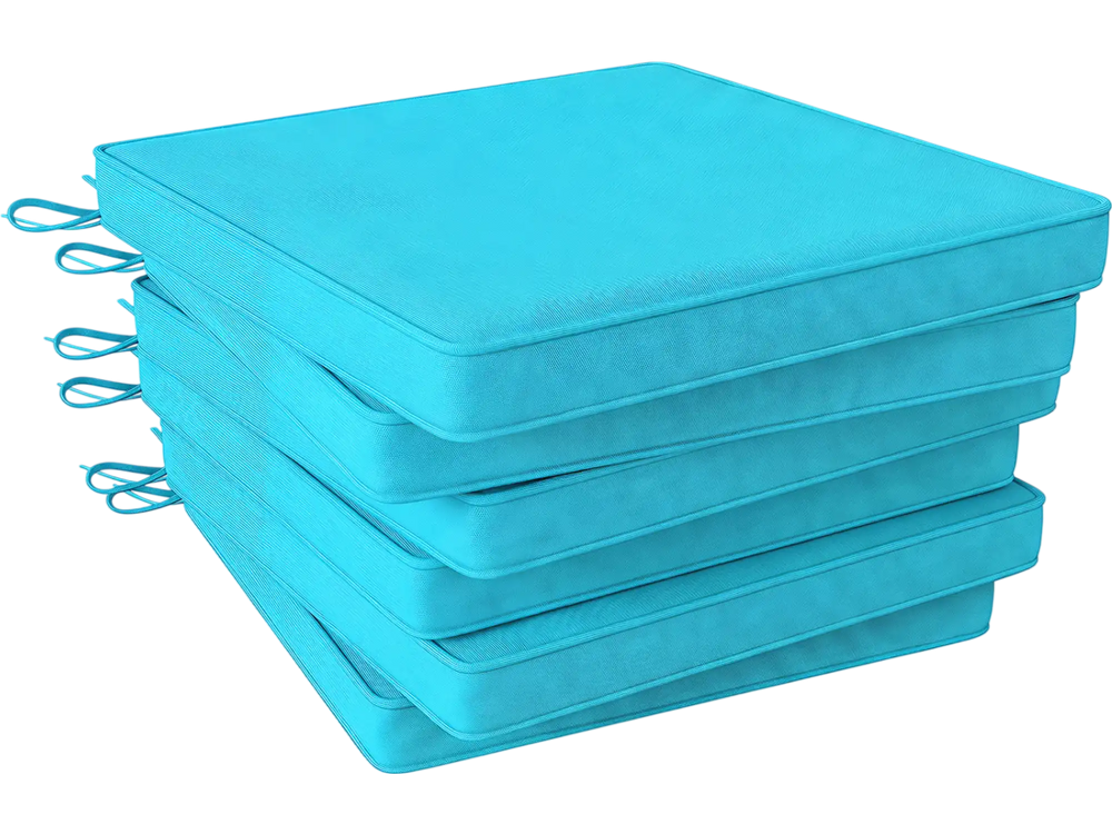 Turquoise outdoor chair cushion set of 6, 20" x 20" x 2", waterproof olefin fabric with attached ties for secure fitting.