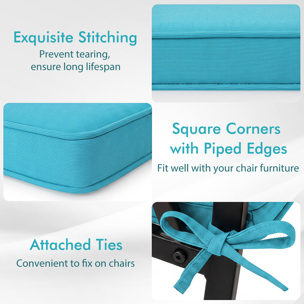 Turquoise outdoor chair cushion set of 6, waterproof olefin fabric with exquisite stitching and attached ties for secure fitting.