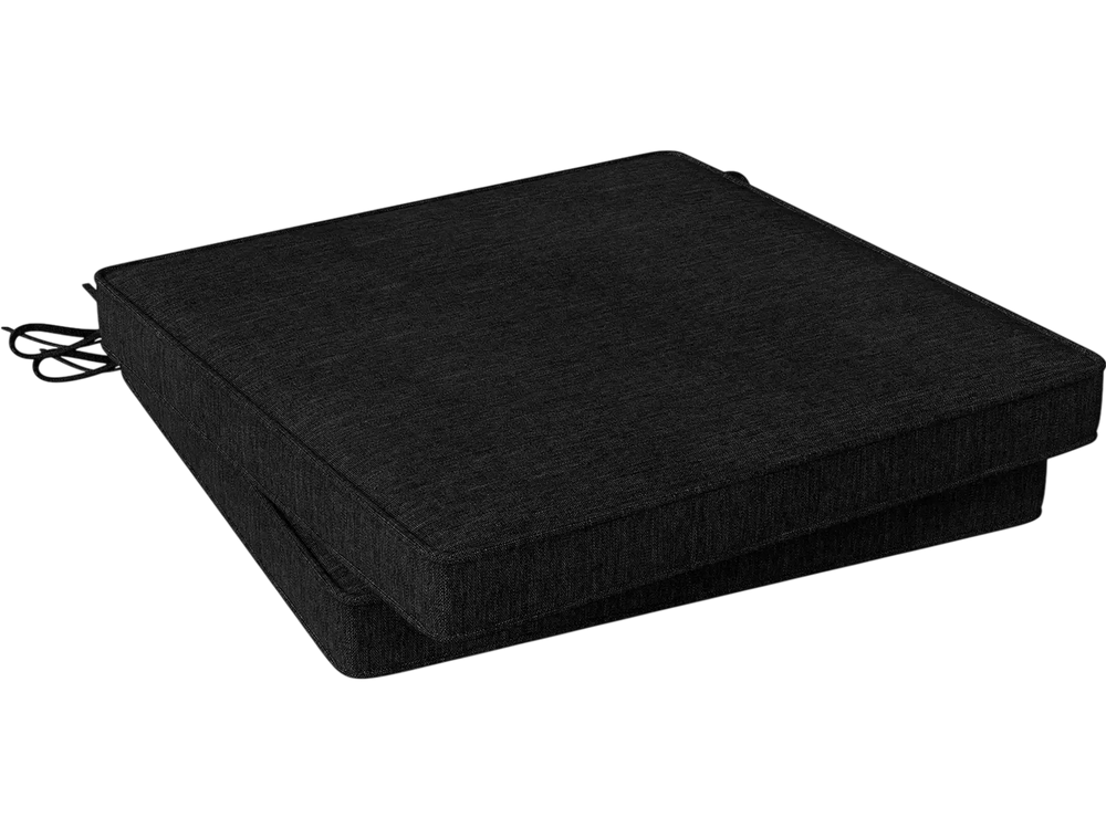 Black outdoor chair cushion set of 2, 20"x20"x2", waterproof and fade-resistant olefin fabric for added comfort.