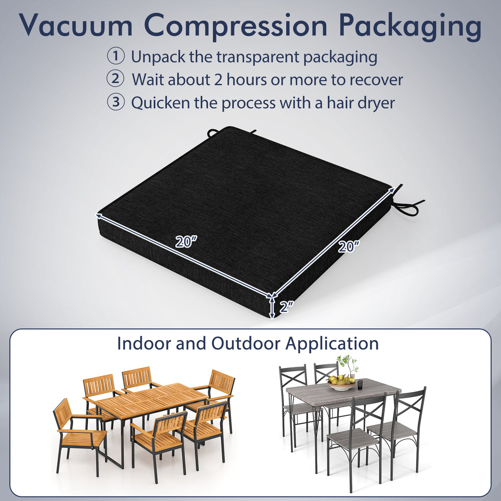 Black outdoor chair cushion set of 2, 20" x 20" x 2", waterproof, fade-resistant, ideal for indoor and outdoor use.