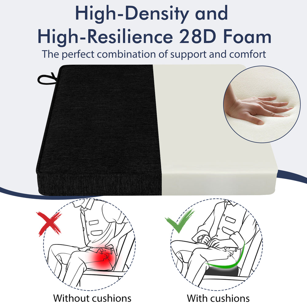 Black outdoor chair cushion set of 2, made of waterproof olefin fabric with high-density 28D foam for comfort and.