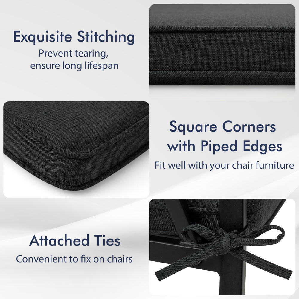 Black outdoor chair cushion set of 2 with exquisite stitching, square corners, and attached ties for easy fixing.