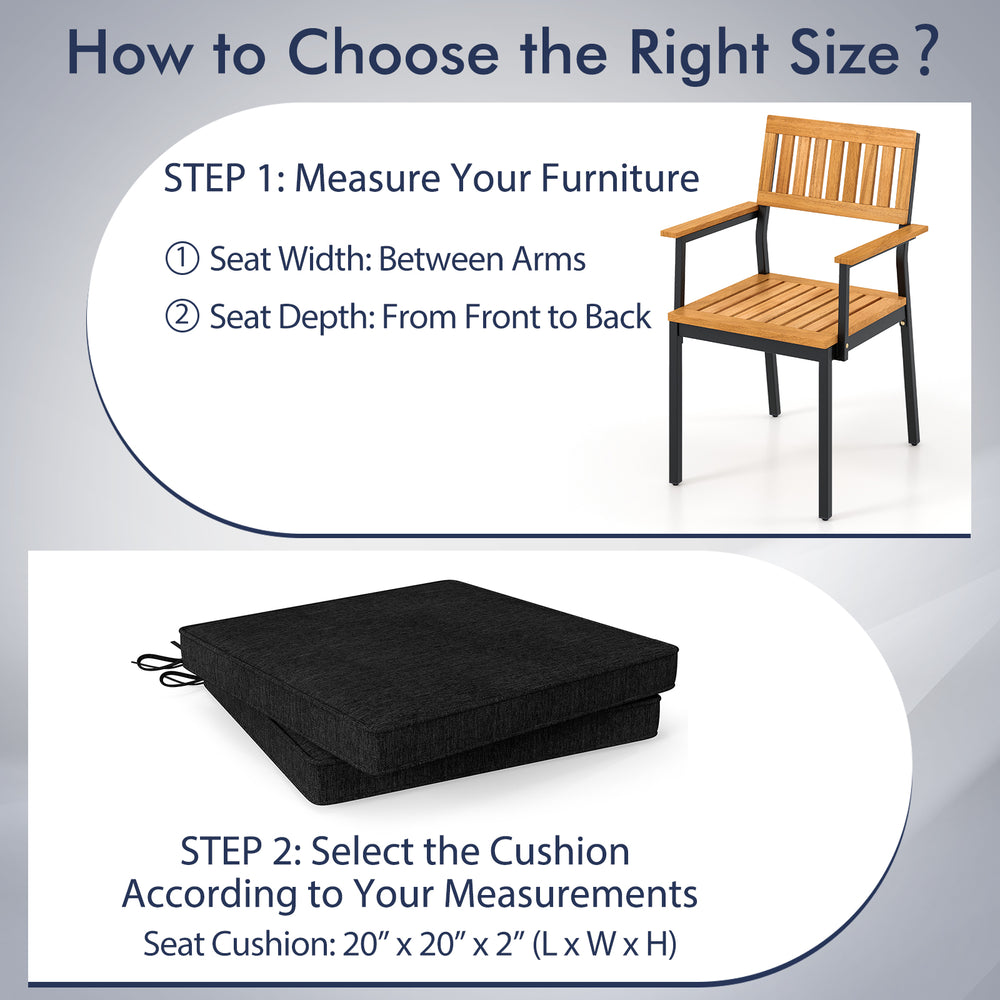 Black outdoor chair cushion set of 2, 20" x 20" x 2", waterproof and fade-resistant, ideal for indoor and outdoor use.