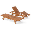 Outdoor chaise lounge chair with wheels, solid wood, 4-position adjustable backrest, perfect for patio relaxation.