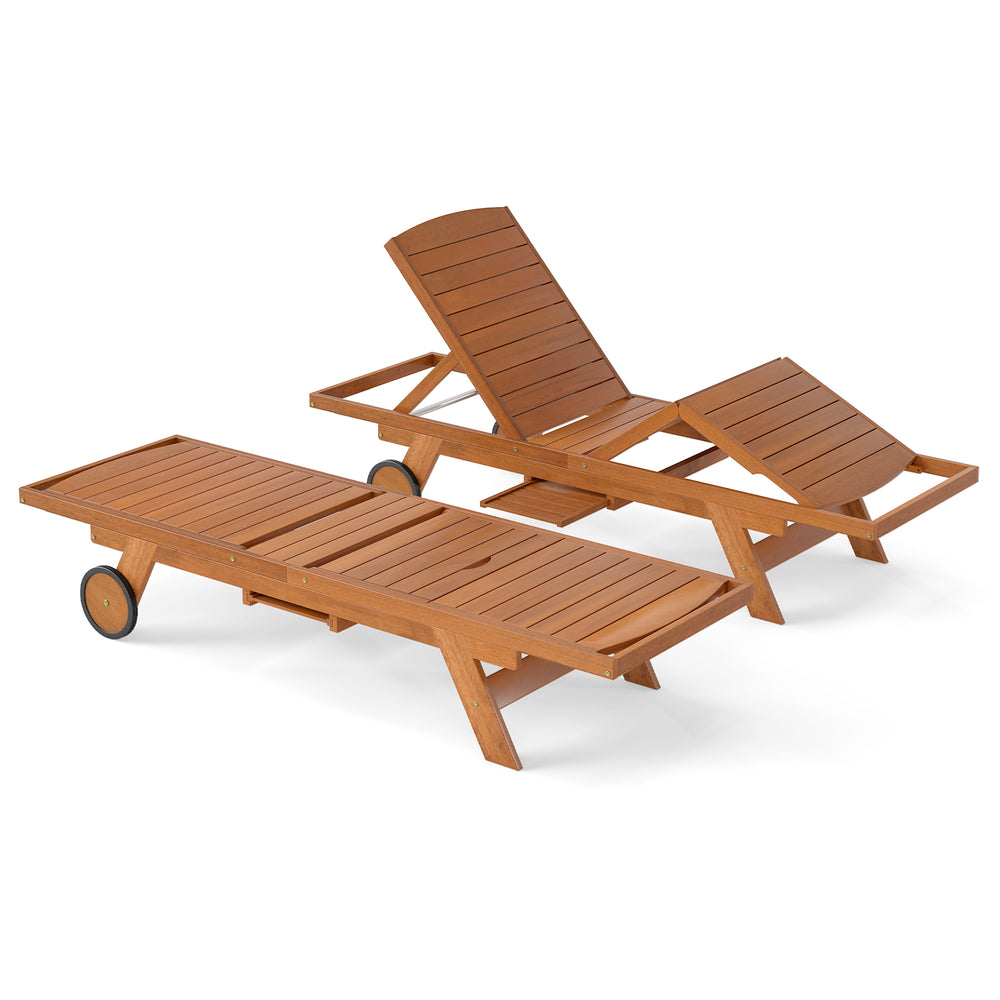 Outdoor chaise lounge chair with wheels, solid wood, 4-position adjustable backrest, perfect for patio relaxation.